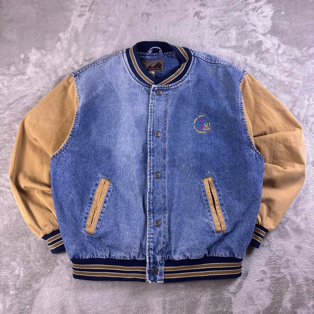 Vintage 90s Denim Varsity Jacket Men’s Large Blue Beige Snap Bomber 50 Years